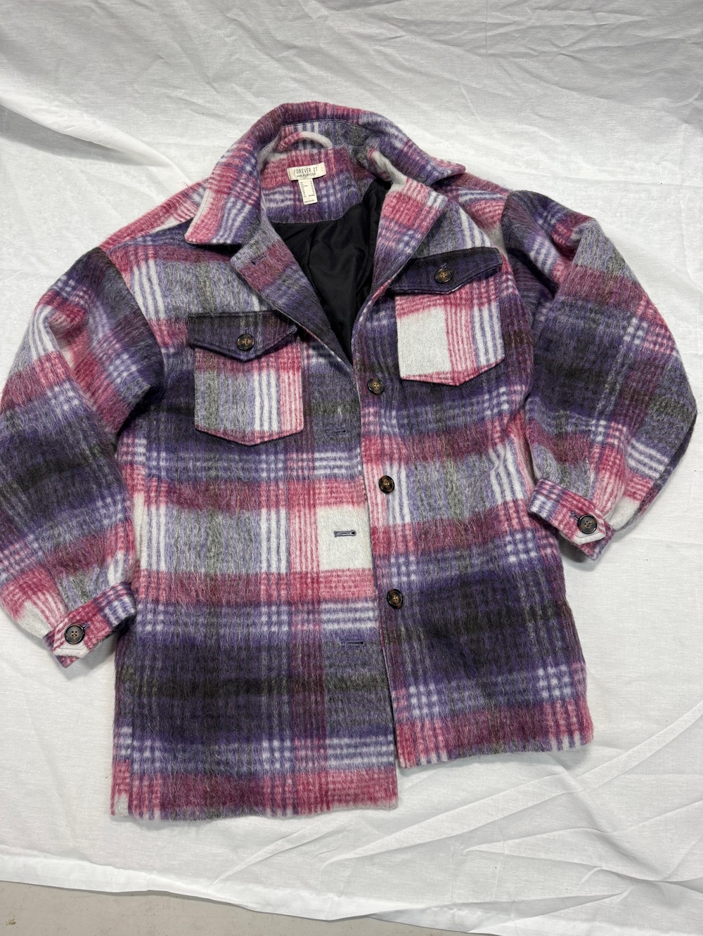 Forever 21 Plaid Women's Shacket Purple Pink Size M Wool Blend Button Front Coat